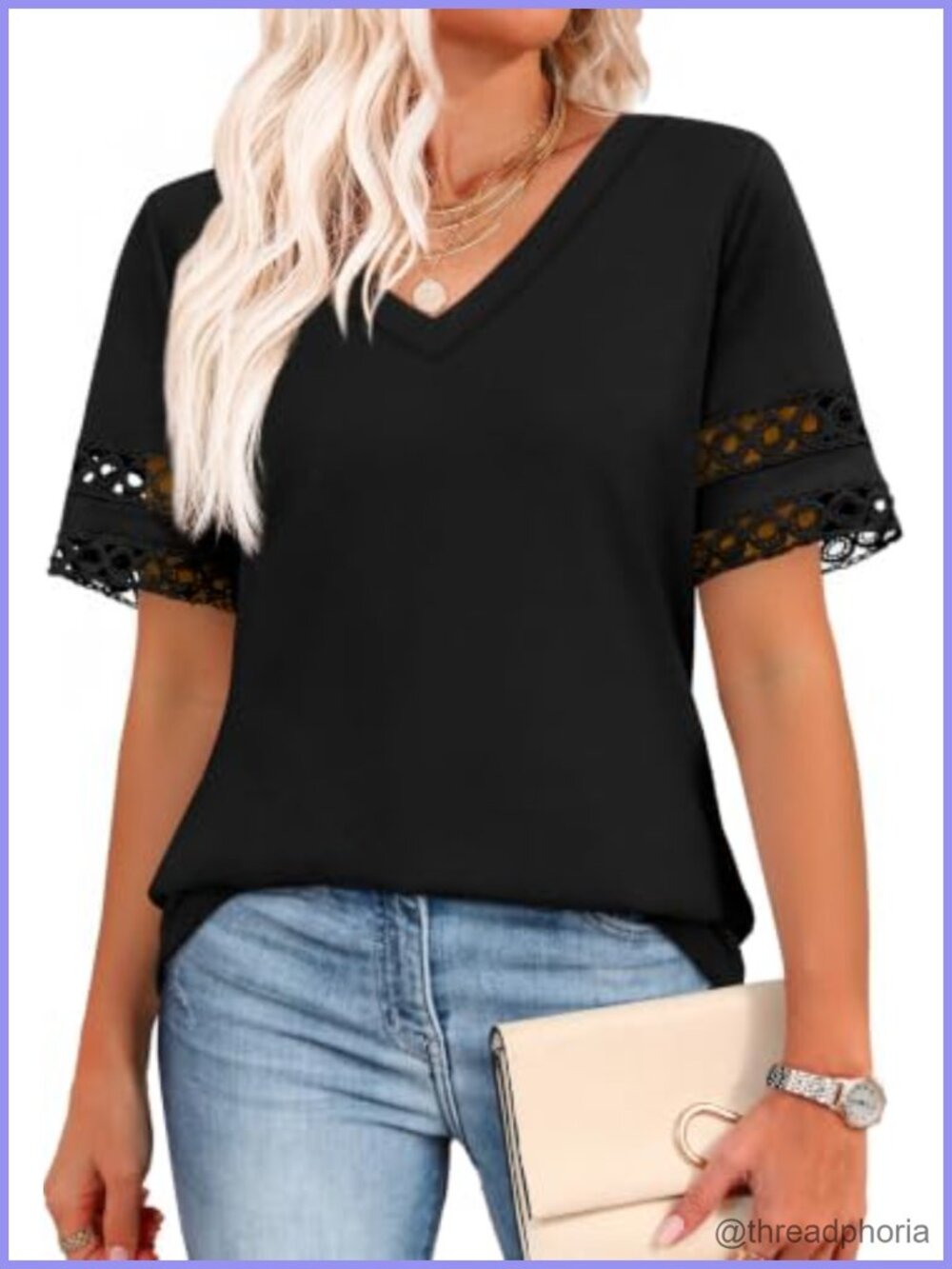 Womens V Neck Short Sleeve Tunic Top Lace Sleeve Detail Flowy Curved Hem